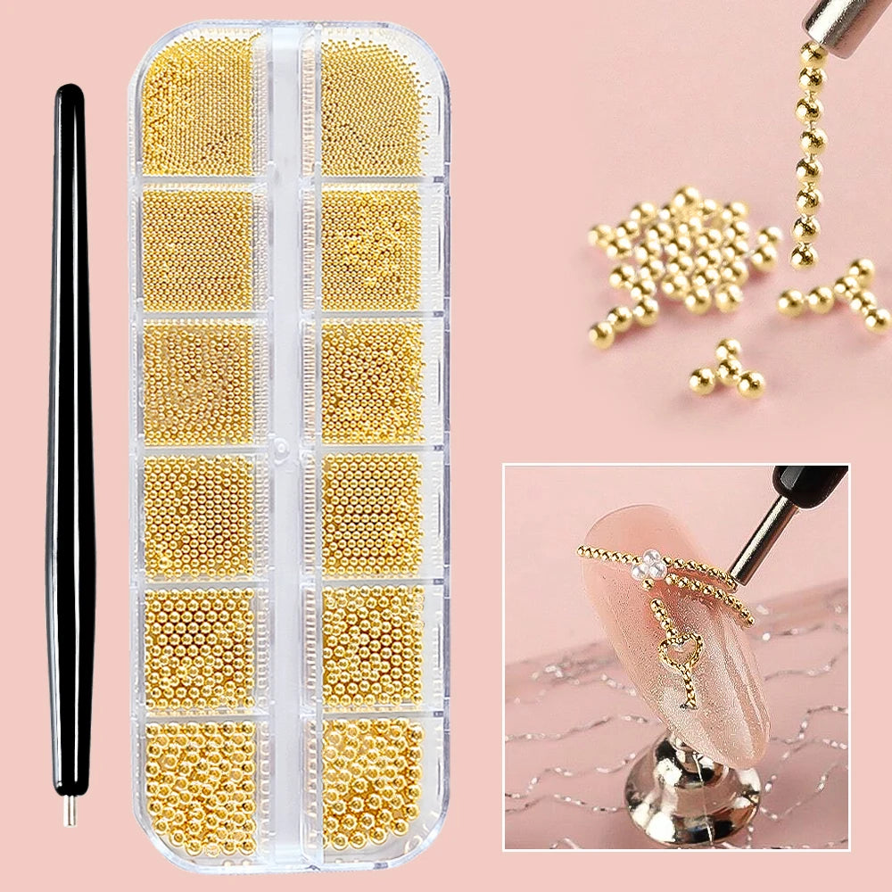 A clear plastic case filled with gold mixed stainless steel bead nail art decorations and loose beads.