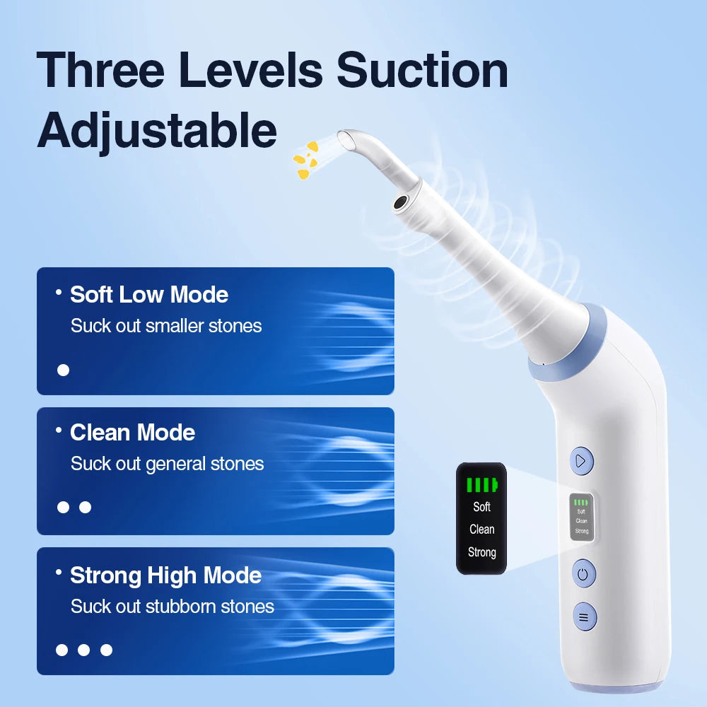 A white electric tonsil stone remover device demonstrating three suction levels: Soft Low, Clean, and Strong High.