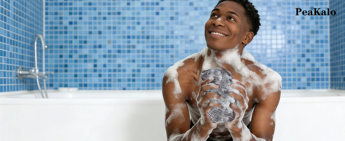 A young man is using an African net exfoliating loofah sponge in a bathtub with blue tiled walls.
