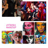 A collection of Halloween and other makeup looks featuring body paint, face paint, and cosmetic products.