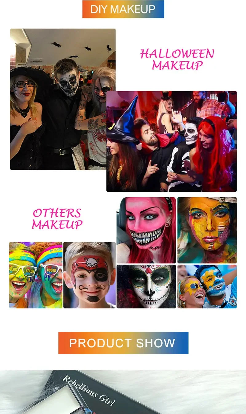 A collection of Halloween and other makeup looks featuring body paint, face paint, and cosmetic products.