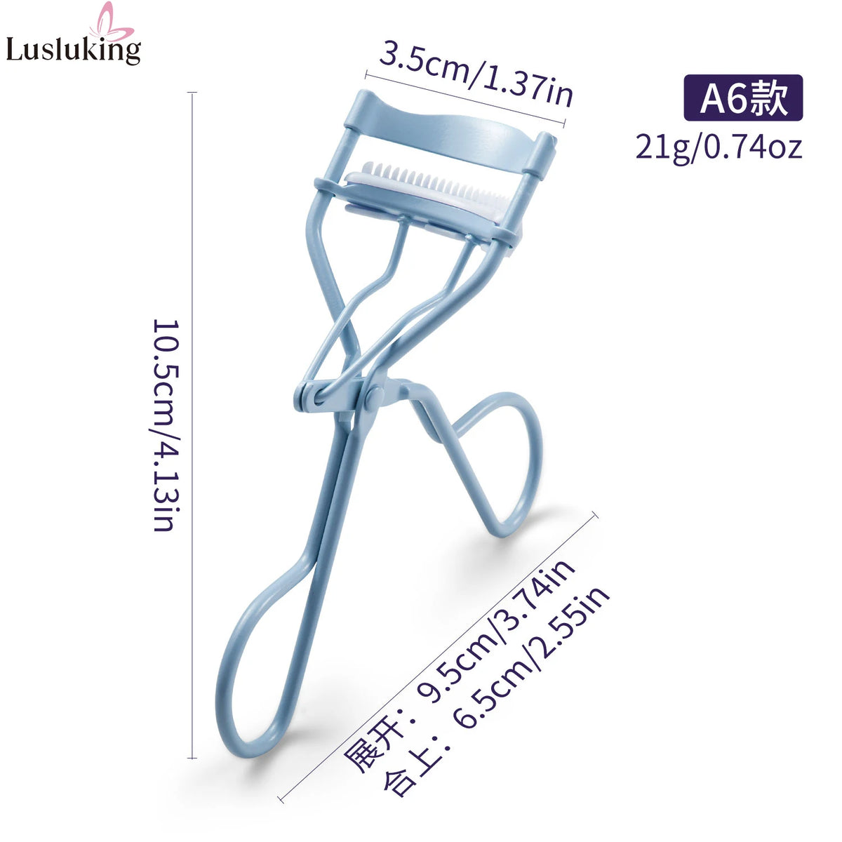 A light blue precision eyelash curler tool shown against a white background.