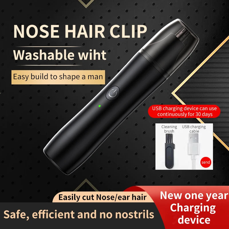 Black nose hair clip with USB charging cable for shaping male facial hair