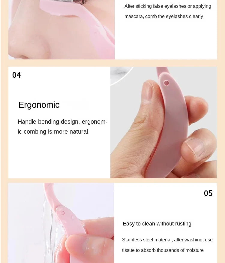 Ensemble de peigne rose pliable en acier inoxydable pour cils et sourcils.