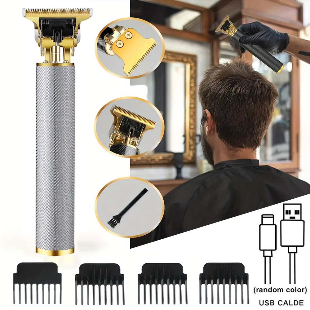 A set of professional electric hair clippers for men showing various blade attachments and the main unit.