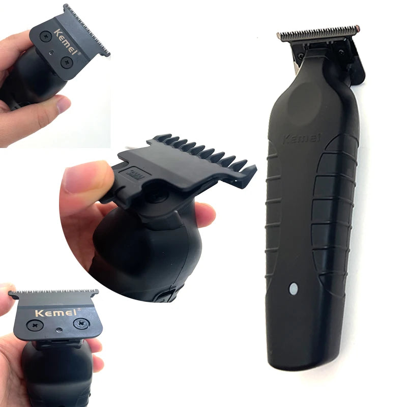 A black professional electric hair clipper trimmer is shown in various angles, including a close-up of the head and the full 
