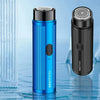 A blue portable electric shaver with a black cap is shown standing on a reflective surface.