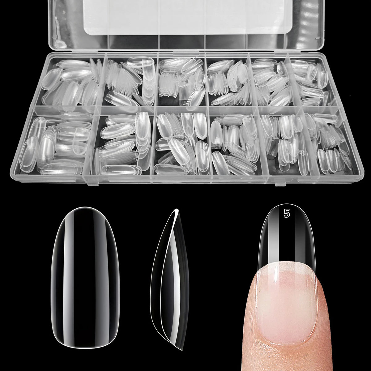 Une boîte en plastique transparent contenant un ensemble de pointes à ongles pressables de différentes formes et tailles, mon
