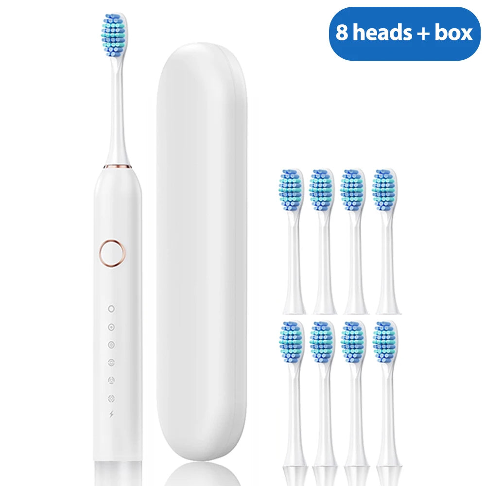A white professional sonic electric toothbrush with 8 replacement heads and a box shown next to the full brush.