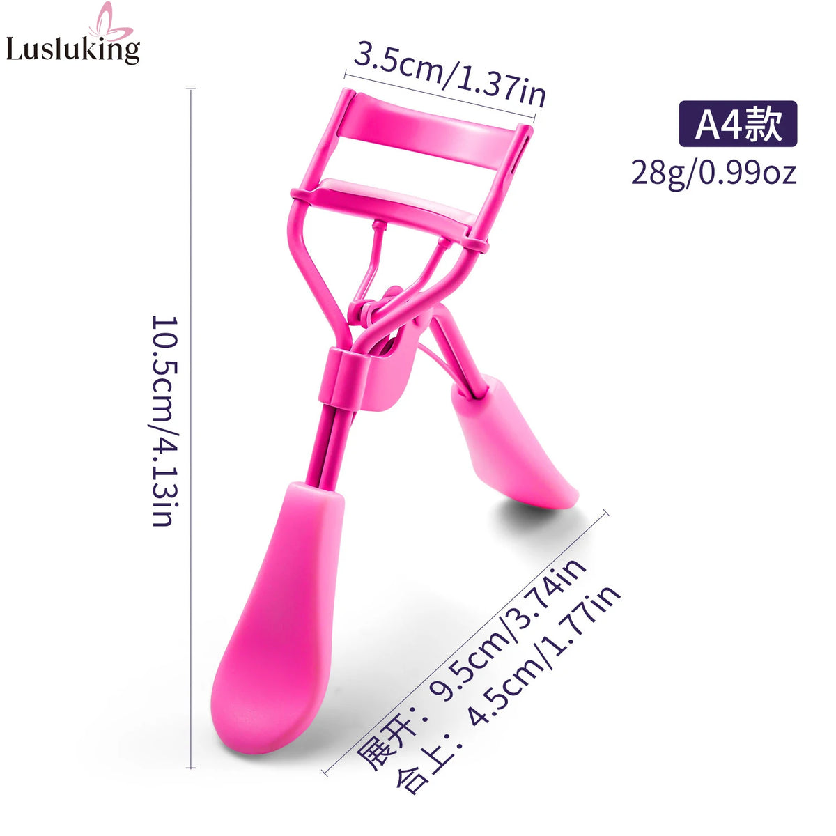 A pink precision eyelash curler with a 10.5cm length and 3.5cm width.