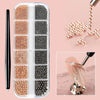 A clear case filled with various shades of gold and silver mixed stainless steel beads used for nail art decorations.