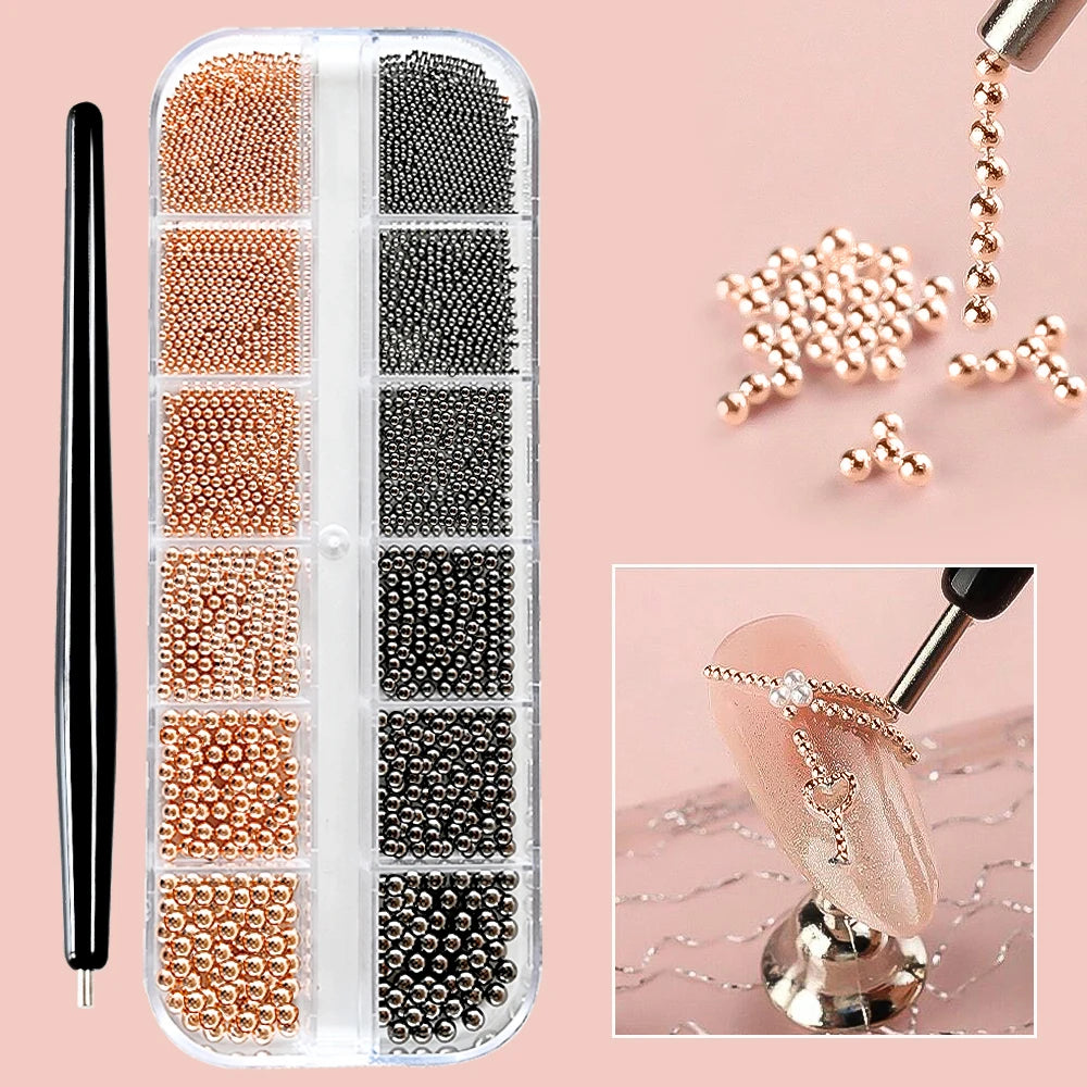 A clear case filled with various shades of gold and silver mixed stainless steel beads used for nail art decorations.