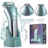 A Handheld Hatteker 2-in-1 rotary body and facial hair remover in light blue-green color with various attachments.