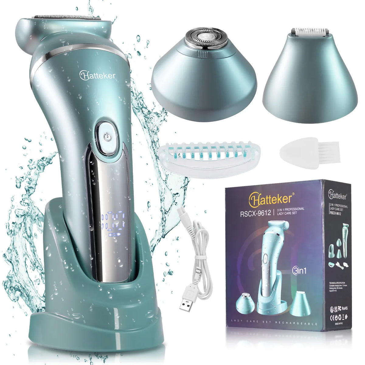 A Handheld Hatteker 2-in-1 rotary body and facial hair remover in light blue-green color with various attachments.