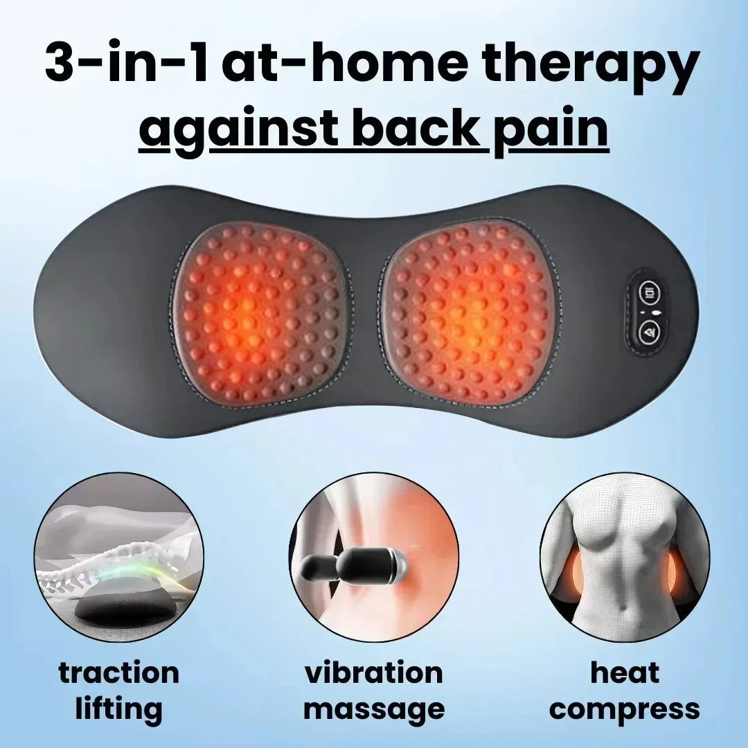 A black therapy pillow designed for back pain relief, featuring traction lifting, vibration massage, and heat compress functi