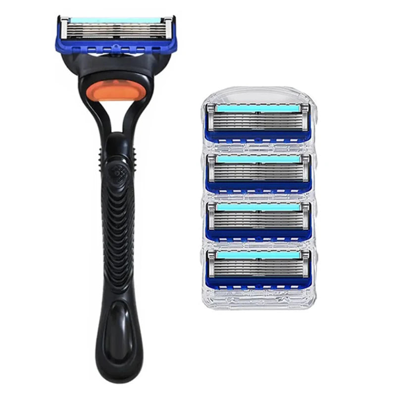 A reusable stainless steel shaver with multiple shaving heads in a clear protective case.