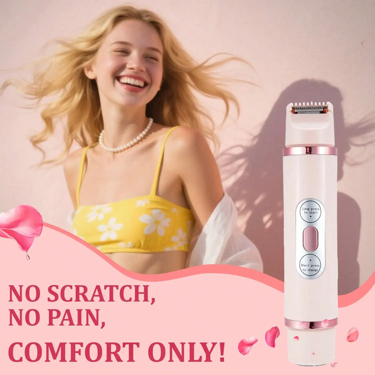A blonde woman smiling while using a portable electric body hair trimmer on her upper body.