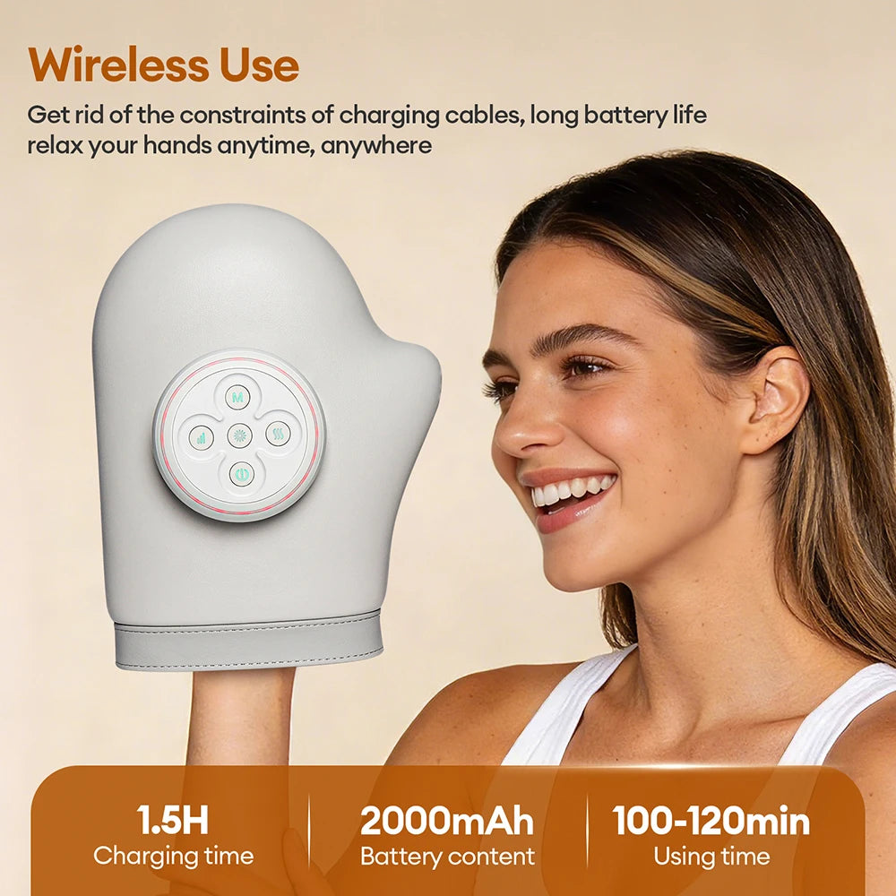 A woman is using a white electric hand massager, demonstrating its wireless use and features.