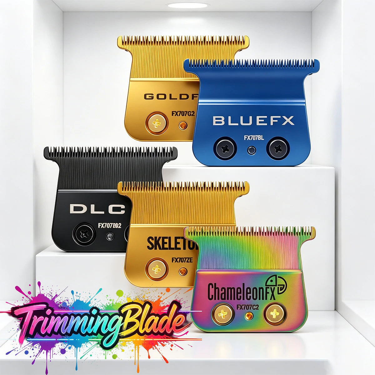 A collection of gold, blue, and black trimming blades displayed on white boxes.