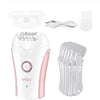 A white and pink rechargeable electric epilator device shown with various attachments.