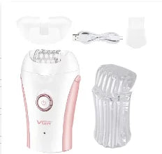 A white and pink rechargeable electric epilator device shown with various attachments.