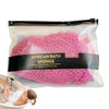 A clear pouch of pink reusable African bath sponge with a black label, shown next to a person using it in water.