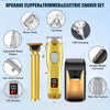 A set of electric hair clippers and trimmers including a gold-colored clipper, a foil head shaver, and various accessories.