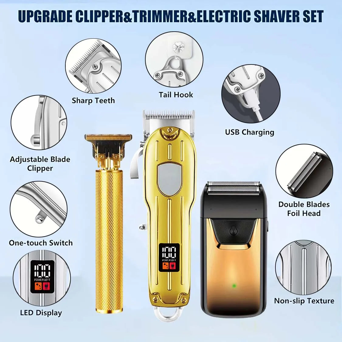 A set of electric hair clippers and trimmers including a gold-colored clipper, a foil head shaver, and various accessories.