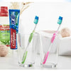 Un set de brosses à dents en verre transparent avec la marque Colgate et un tube de dentifrice Colgate sont exposés sur une s