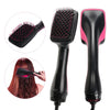 A black ceramic hot air brush hair styling tool shown with close-ups of the brush head and the full tool.