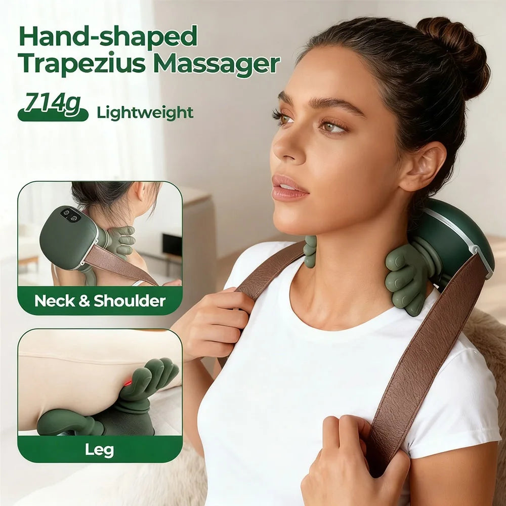 A woman is using a hand-shaped trapezius massager on her neck and shoulder area.