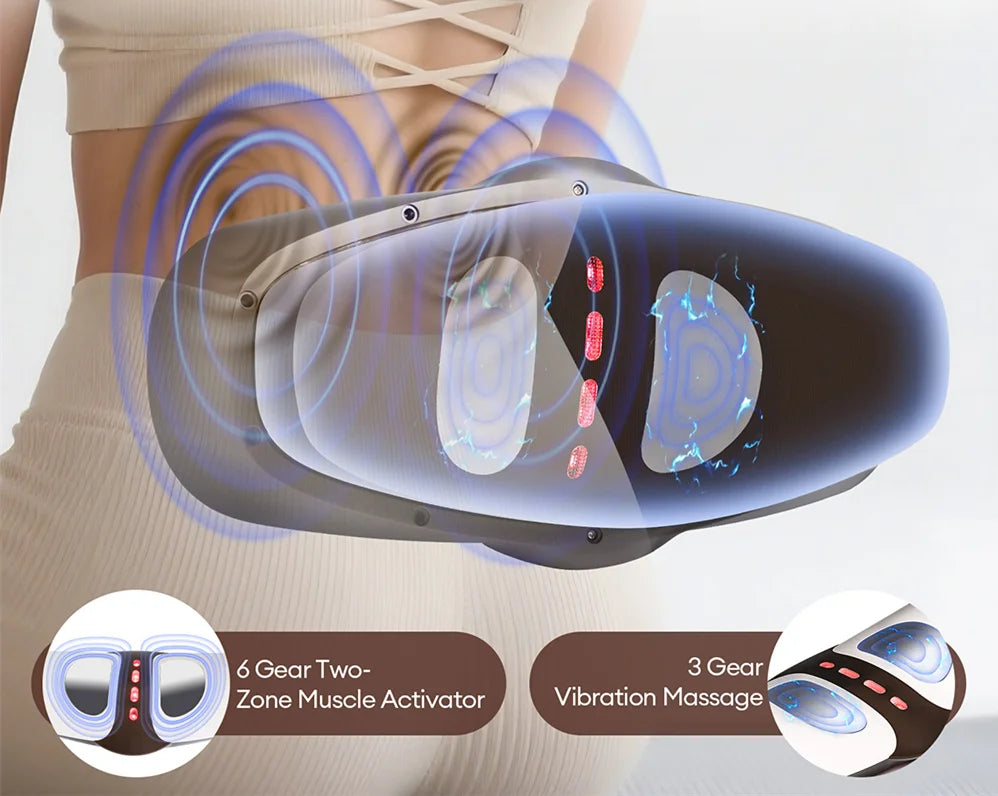 A device is shown being used on a person's lower back, illustrating its six-zone muscle activation and three-gear vibration m