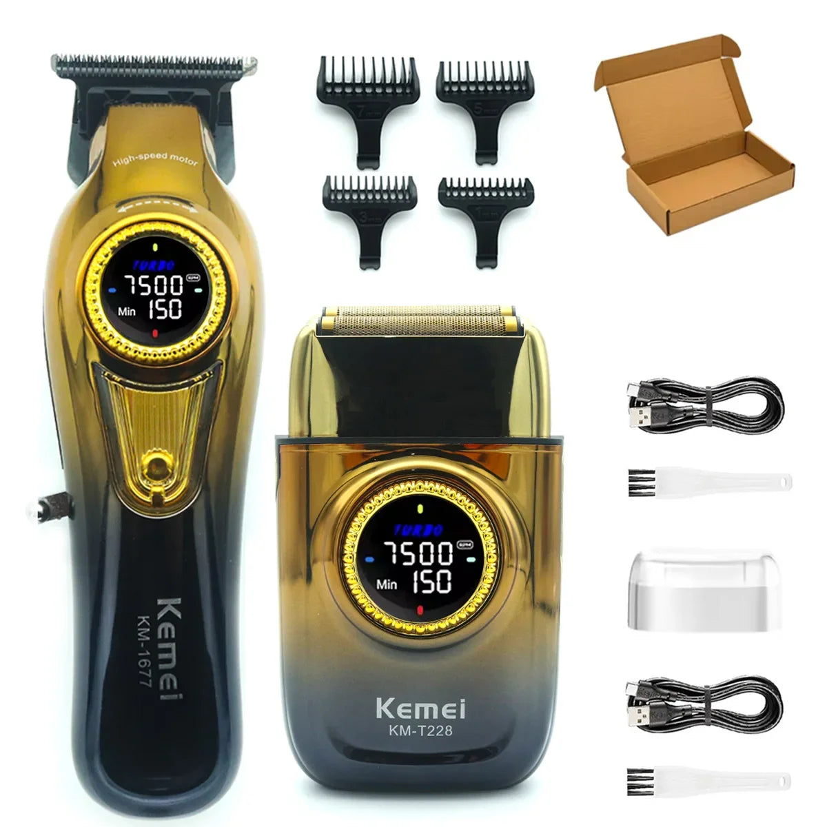 A set of professional cordless hair clippers, including a main body, attachments, and charging cable.