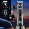 A black multi-function body hair trimmer with LED lighting, power switch, LCD display screen, and Type-C charging port.