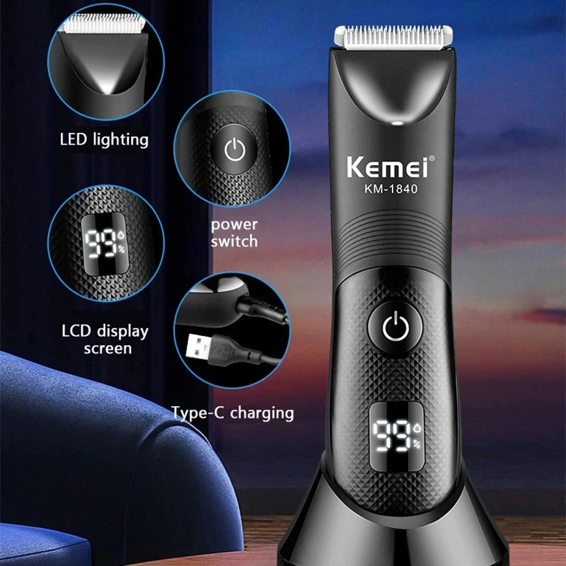 A black multi-function body hair trimmer with LED lighting, power switch, LCD display screen, and Type-C charging port.