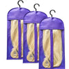 A set of three purple wig storage bags with metal hangers for storing wigs.
