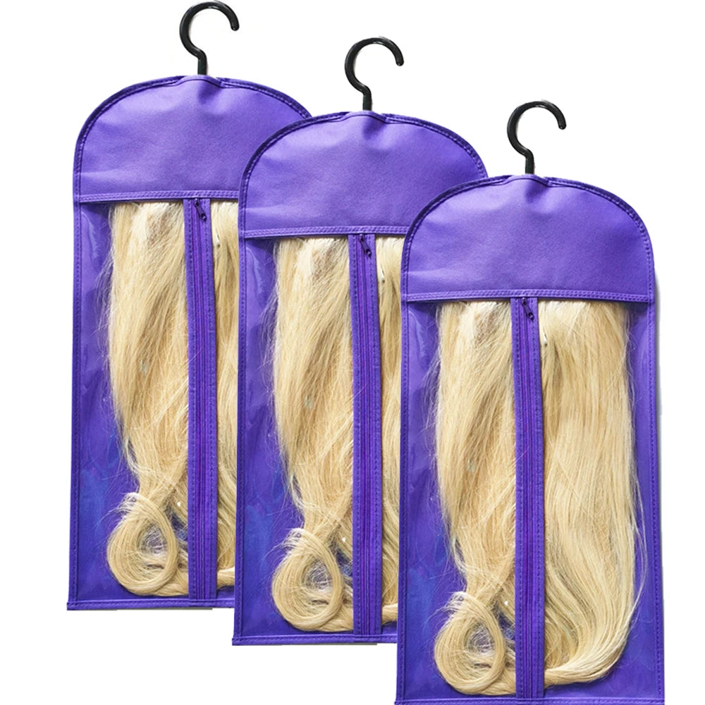 A set of three purple wig storage bags with metal hangers for storing wigs.