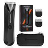 A black MAXGROOM body groomer hair trimmer with ceramic blades shown alongside its box and carrying case.