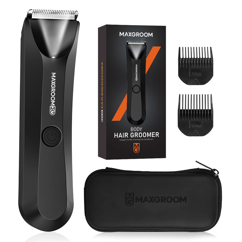 A black MAXGROOM body groomer hair trimmer with ceramic blades shown alongside its box and carrying case.