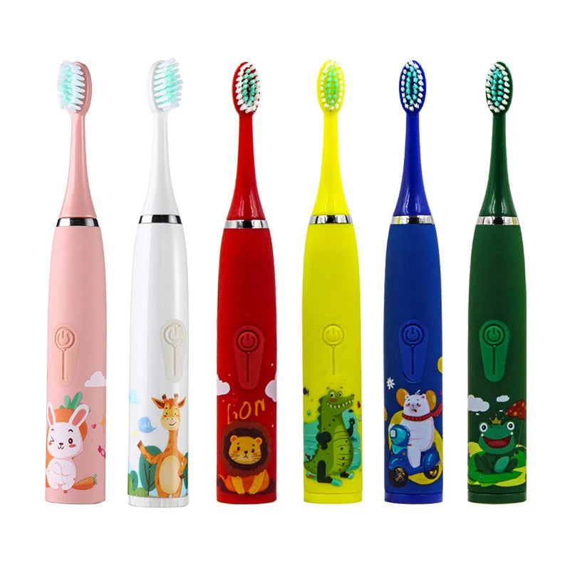 A set of six colorful Sonic electric toothbrushes with various brush heads and handles.