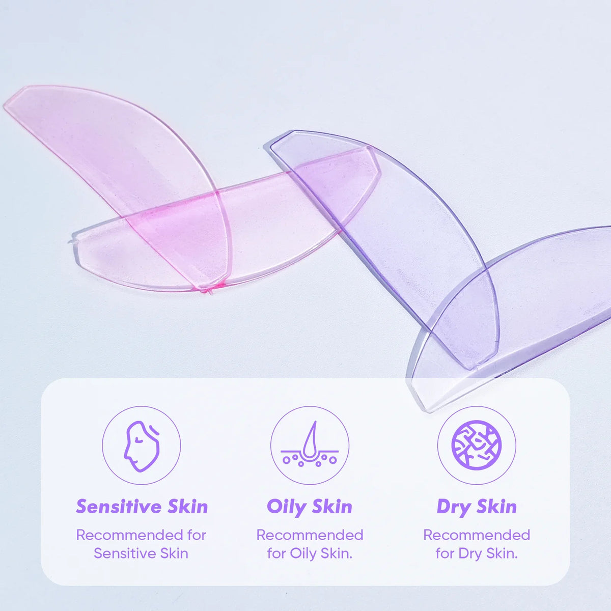 Three translucent silicone lash lift pads in pink, purple, and lavender are displayed with skin types listed below.