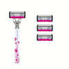 A stainless steel multi-layer body hair removal razor with a pink and black design.