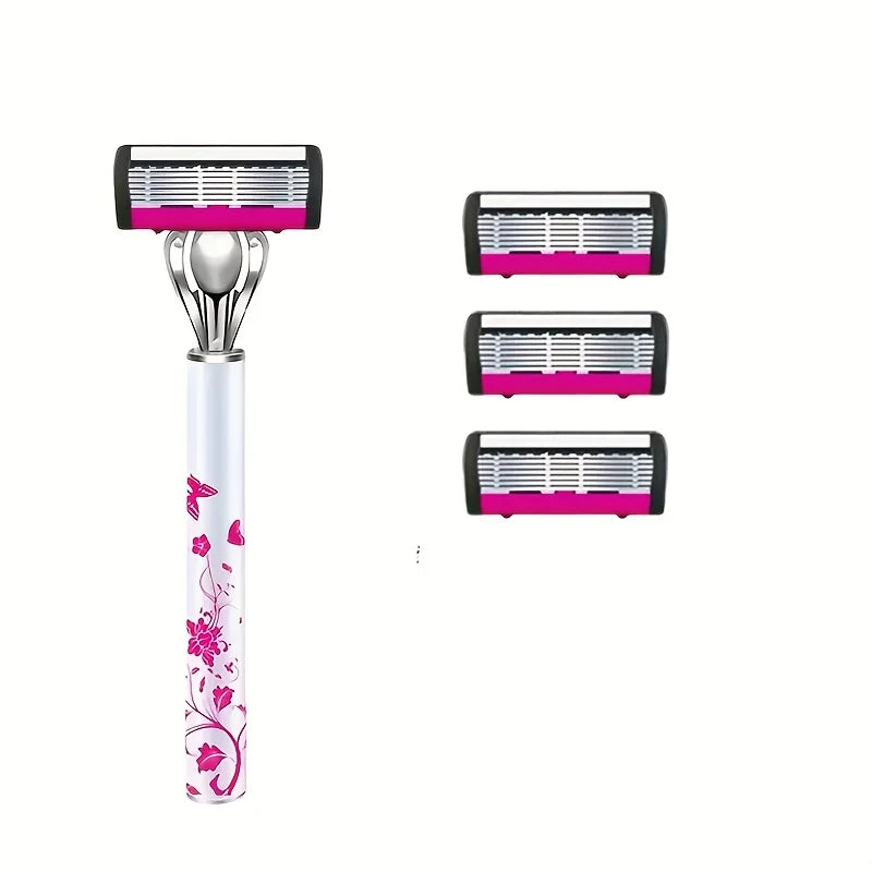 A stainless steel multi-layer body hair removal razor with a pink and black design.