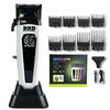 A professional rotary hair trimmer kit showing a white and black grooming device with multiple cutting combs.