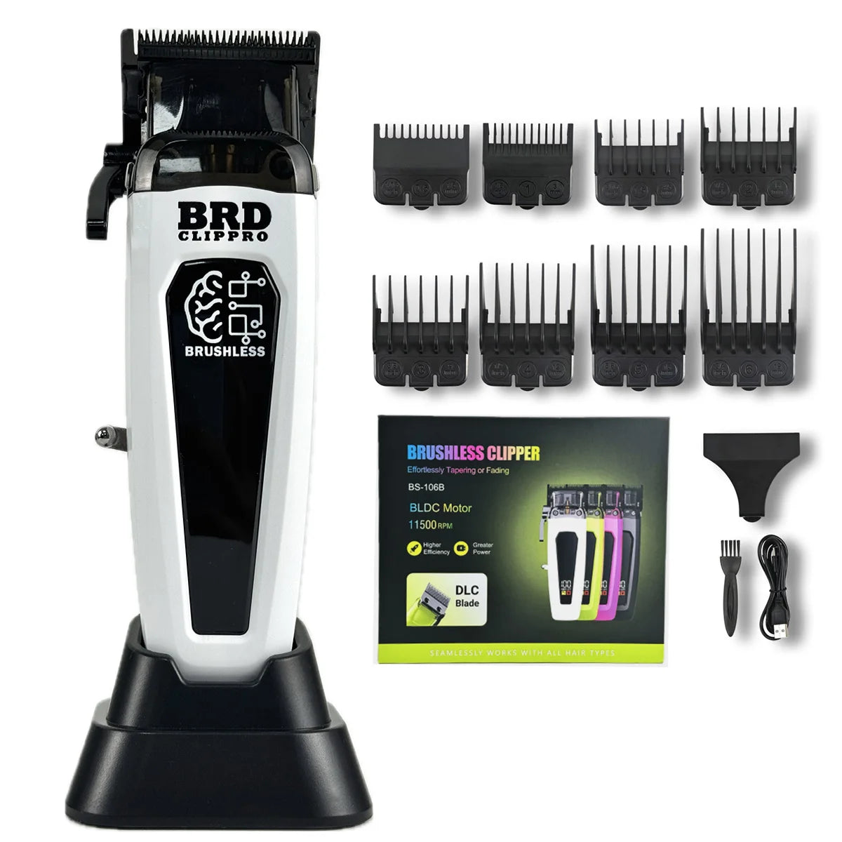 A professional rotary hair trimmer kit showing a white and black grooming device with multiple cutting combs.