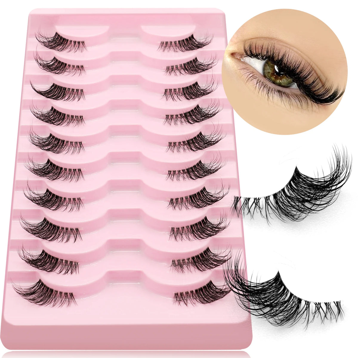 A pink plastic tray holding a pair of black false eyelashes and several loose lashes.
