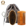 A set of boar bristle beard brush and comb with a wooden handle, packaged in a gray fabric gift bag.