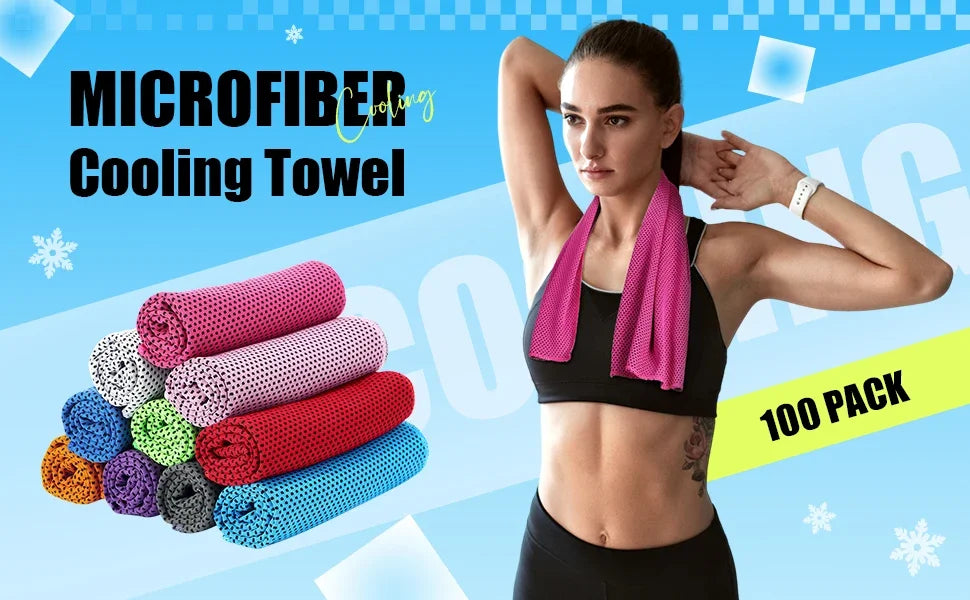 A woman models a pink microfiber cooling towel alongside a stack of colorful towels.