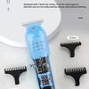 A blue rechargeable hair trimmer with three fixed combs and various sized attachments for precise hair trimming.