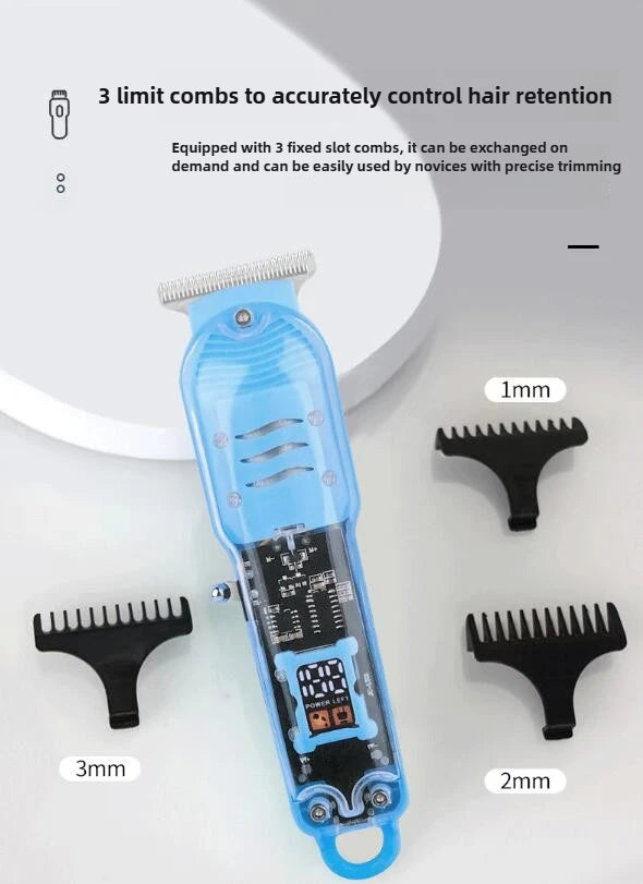A blue rechargeable hair trimmer with three fixed combs and various sized attachments for precise hair trimming.